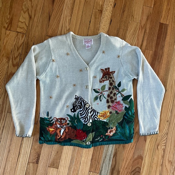 Vintage Jungle Animal Cardigan Embroidered Sequin Beaded - Picture 1 of 8